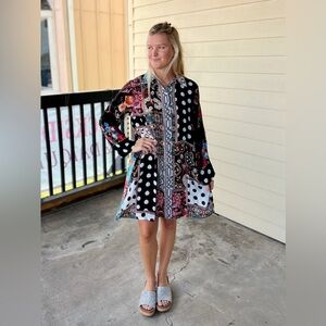 SHAN Multicolor Mixed-Print Blouse Dress with Pink & Blue Accents